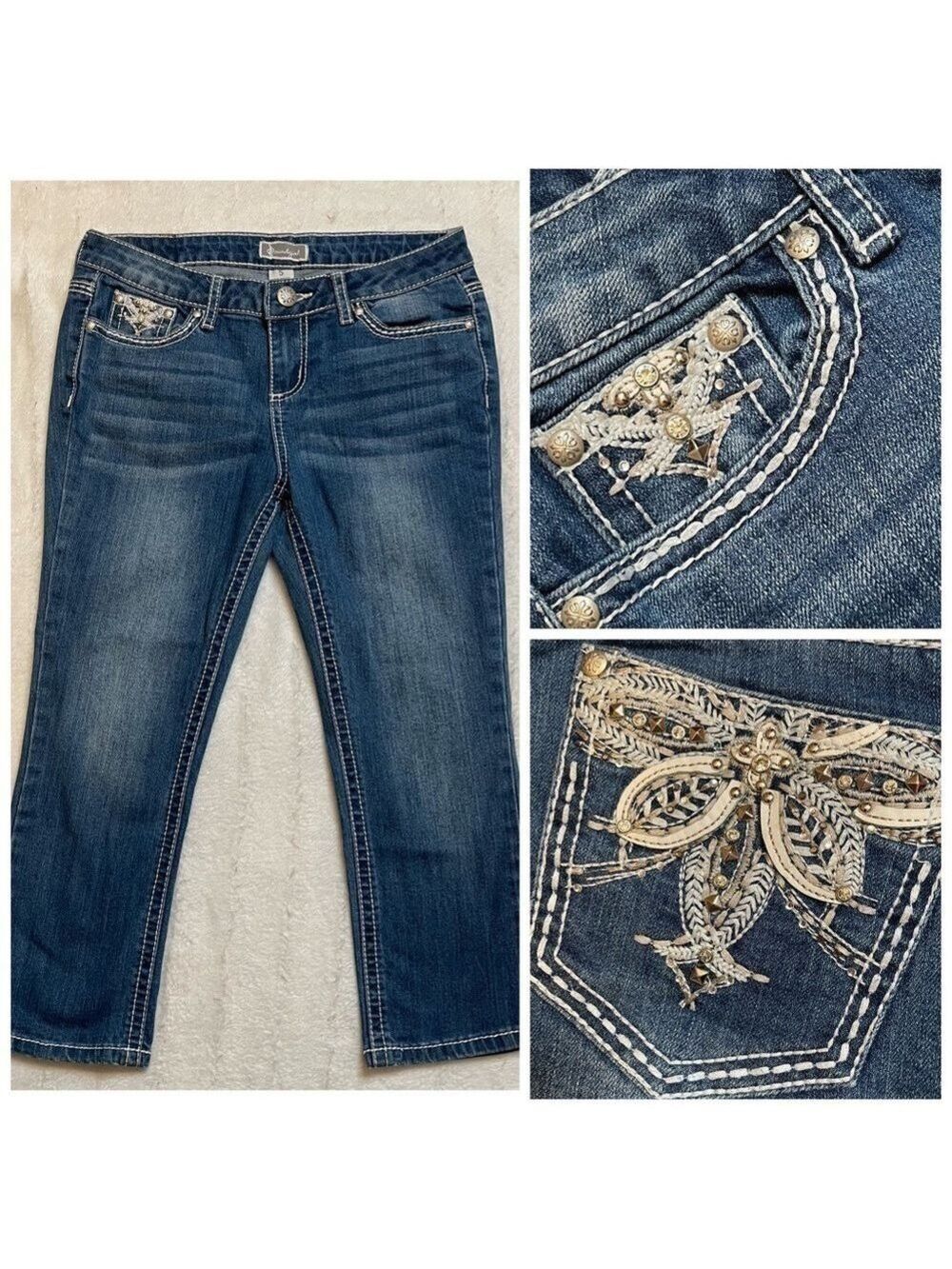 Y2K McBling Capri Jeans Sz 5 Rhinestone Western Bling Pockets